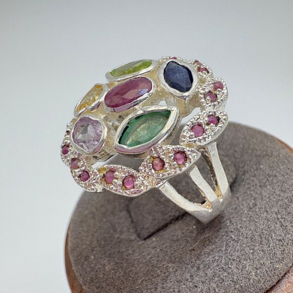VTG Sterling Silver 925 Citrine Peridot Multi-Stone Statement Ring Size 8.5 - Picture 2 of 10
